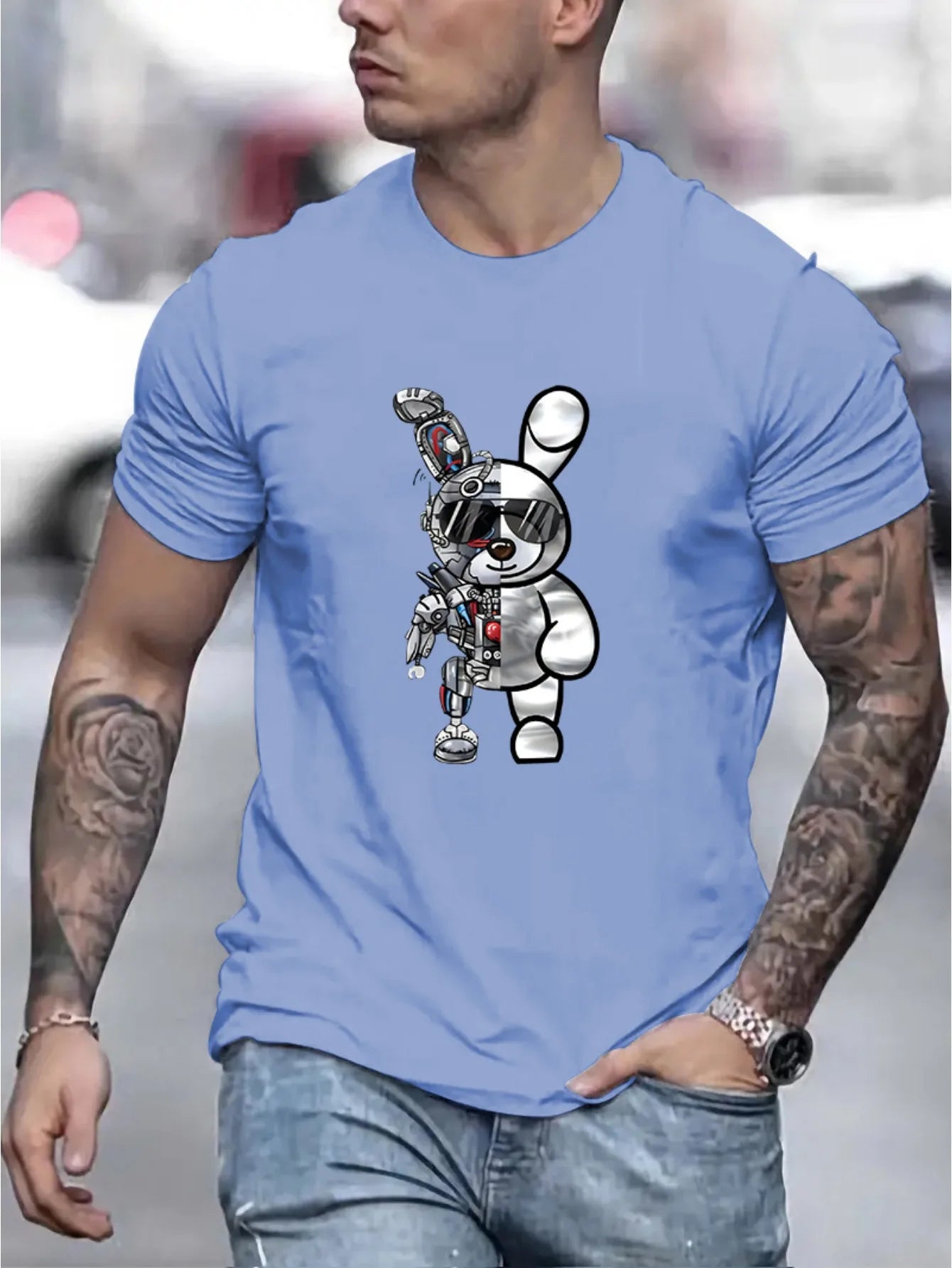 Men's summer 100 cotton fashionable casual loose cartoon mechanical Robot 🤖 Rabbit pattern printed round neck short sleeved T-shirt top