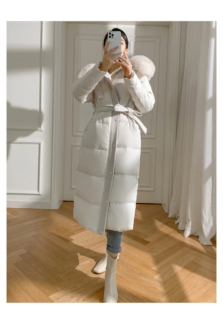 Women’s Luxury White Goose Down Coat – Hooded Long Jacket with Fox Fur Collar & Belt