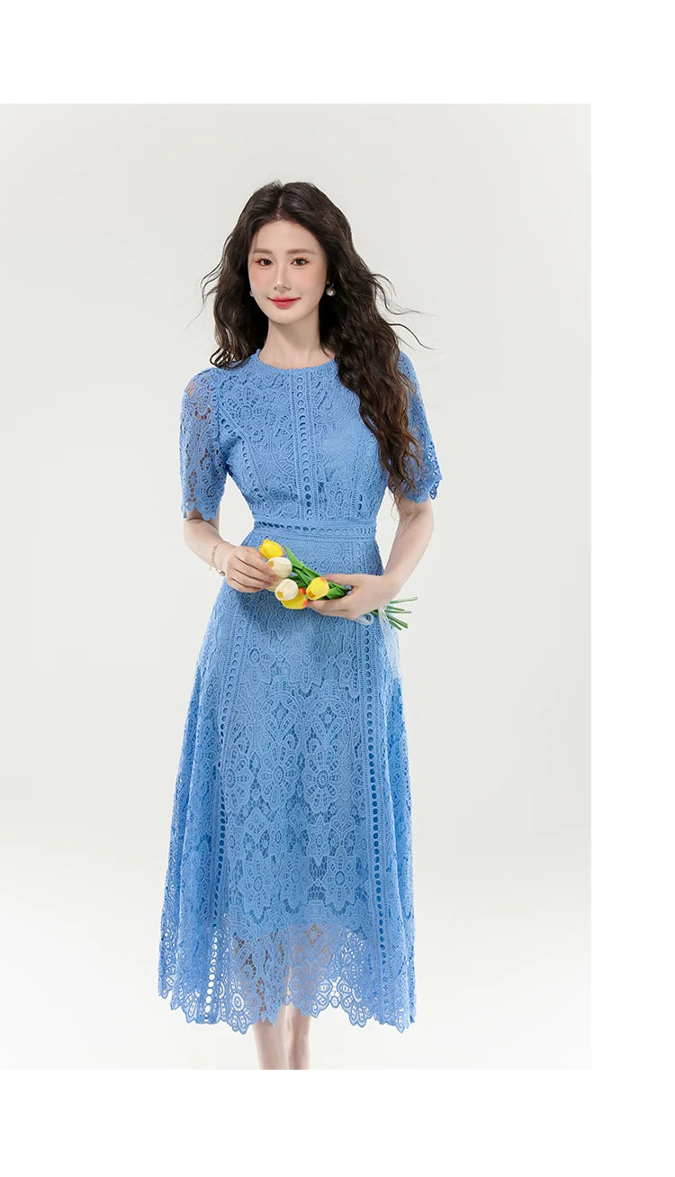 2025 New Summer French Elegant Fashion Evening Dress Women Lace Hollow Out Crochet Party Dress Casual Chic Holidays Clothing