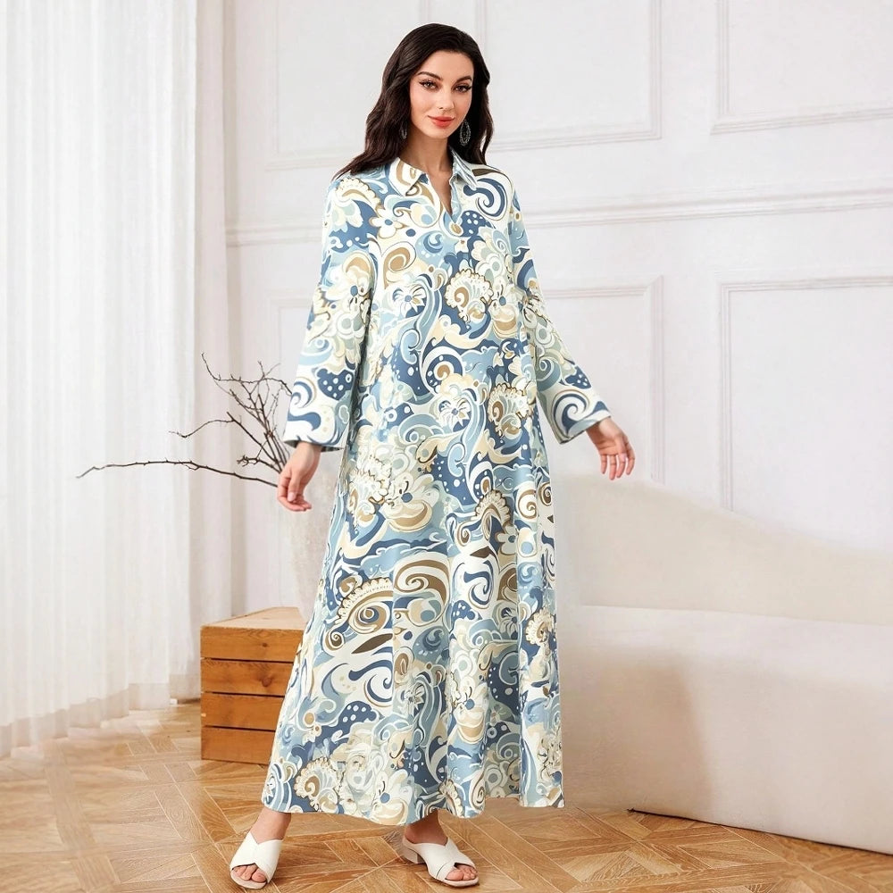 Plus Size Rafiah Women's Summer Arabian Dress 2025 Graphic Printing Long Sleeve Lapel A-Line Draped Long Dress