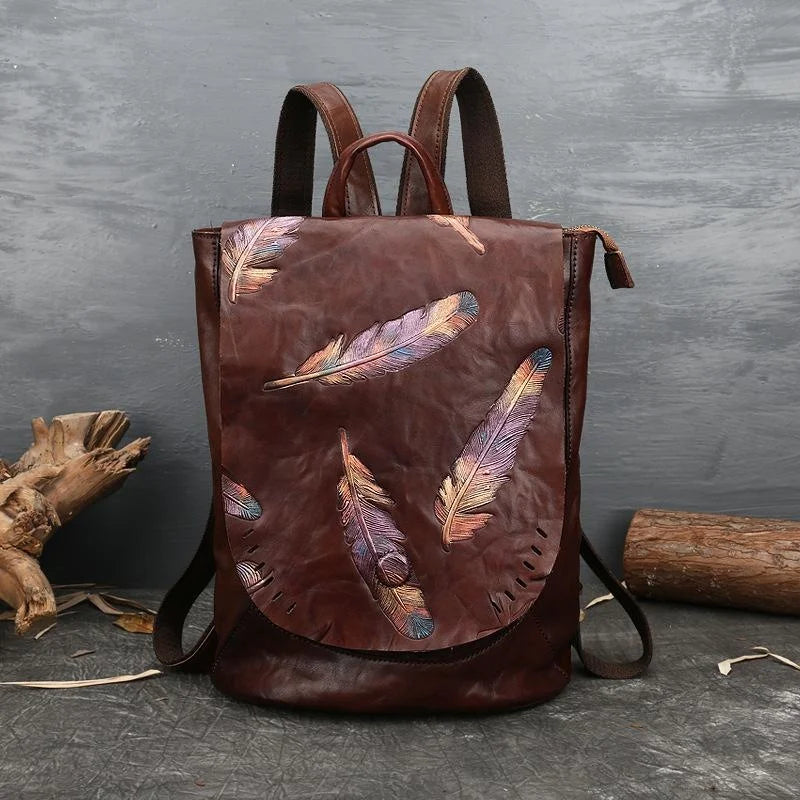 MOTAORA Luxury Genuine Leather Backpack for Women Vintage Embossed Cowhide Shoulder Bag Feather Design Leisure Purse Ladies