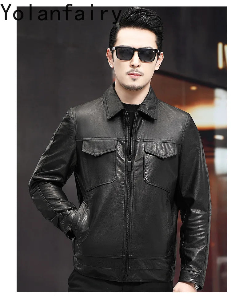 Men's Distressed Genuine Cowhide Leather Jacket – Spring Autumn Casual Slim Fit