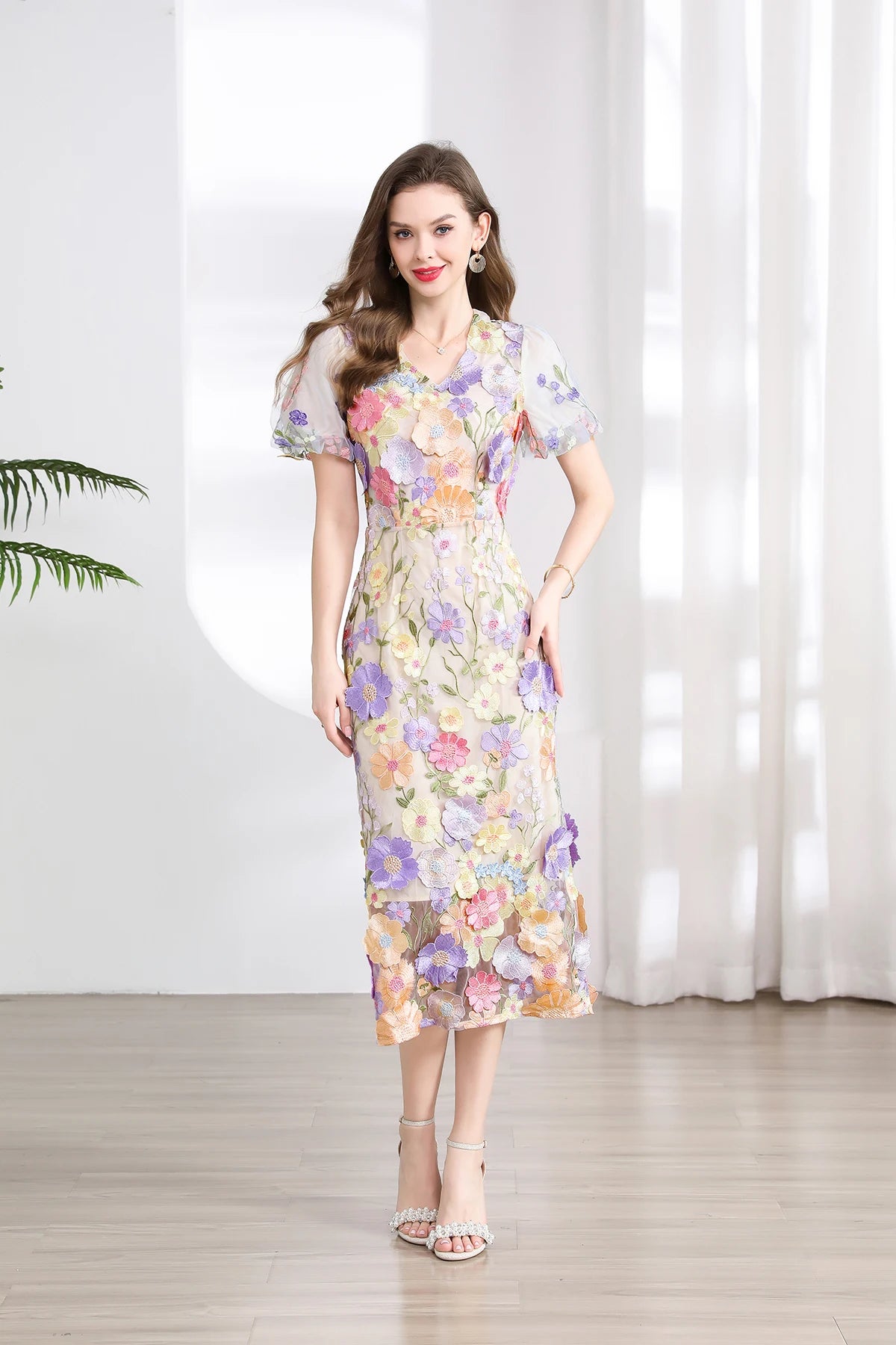 Summer High-end Embroidery Lace Prom Dress Women French Luxury 3D Flower Short Sleeve Long Dress Party Bodycon Holiday Vestido