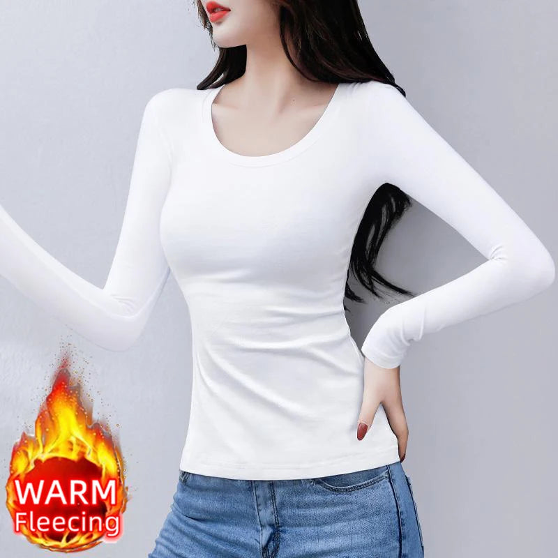 O Neck Long Sleeve Fleeceing Heating Fiber Thermal Basic T-Shirts Women Winter Bottoming Cropped Tops Casual Skinny All-match