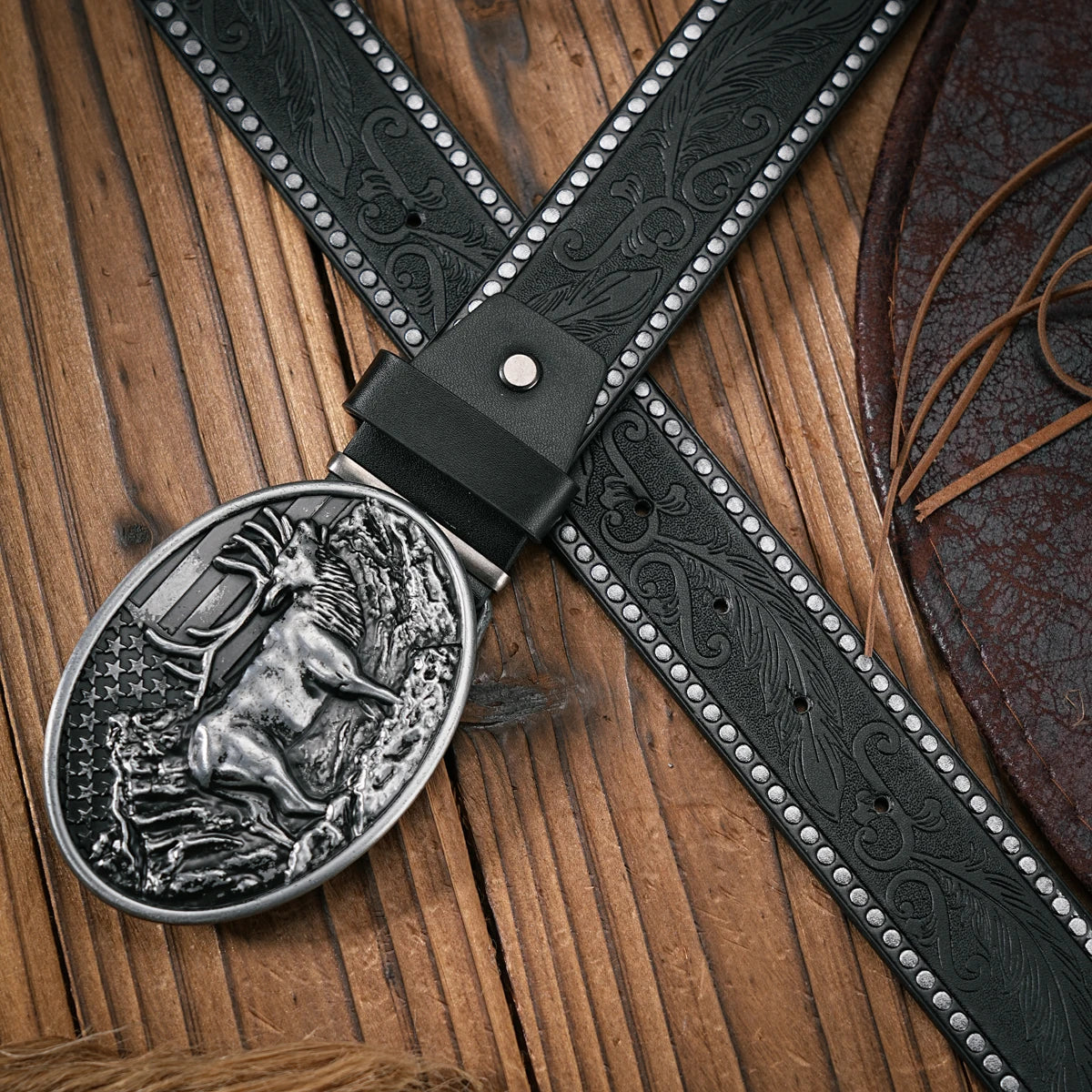Men - Women - Western Denim - pu leather - Belt - Vintage jeans with carved buckle belt
