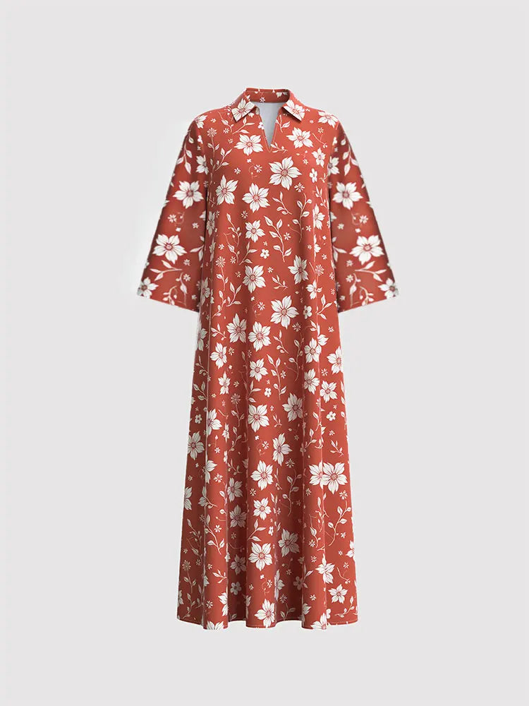 Rafiah Women's Even Dress Arabian 2025 Summer Elegant Flower Full Print Long Sleeve Lapel Midi Draped Long Dress