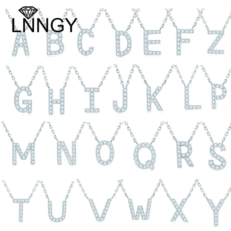 Lnngy Colar Prata 925 Sterling Silver A-Z Alphabet Pendant Necklaces Initial Letter 1.4MM Moissanite Necklace for Birthday Gift