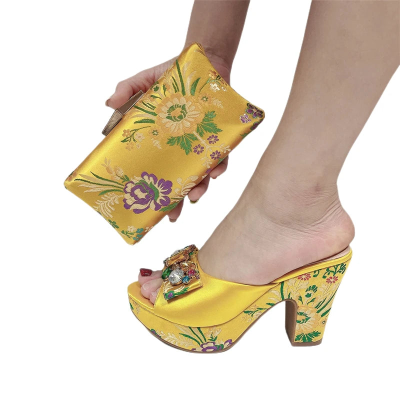 Gladiator Sandals & Bag Set – Green Rhinestone Embroidery, High Heel Party Shoes
