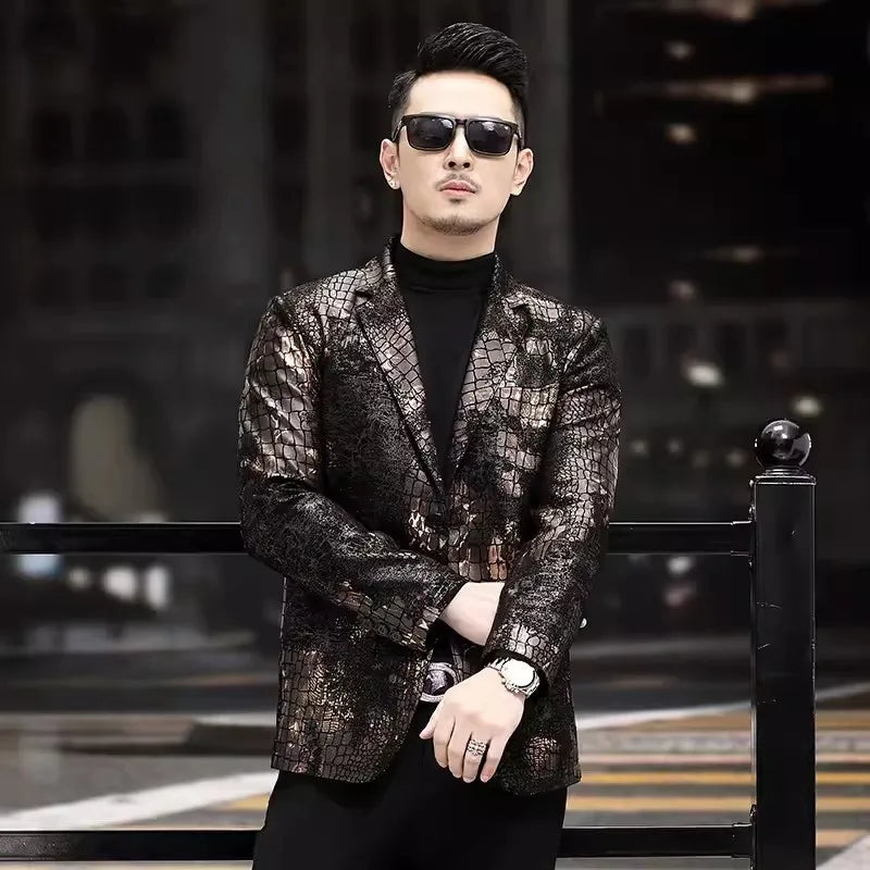 Business Men Snake Pattern Real Sheepskin Blazer Work Suit Coat Autumn Fashion Slim Fit Single Breasted Genuine Leather Jacket