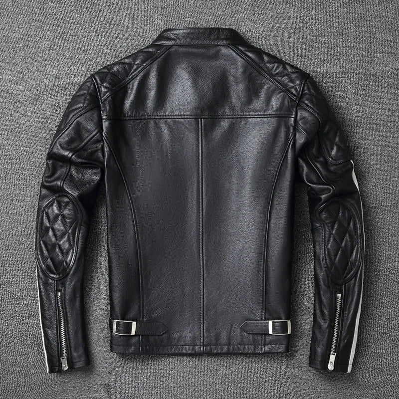 New fashion Men Leather Jacket 100% Genuine Cowhide Coat White Stripes Cool Biker Slim Short Autumn Leather Clothing.