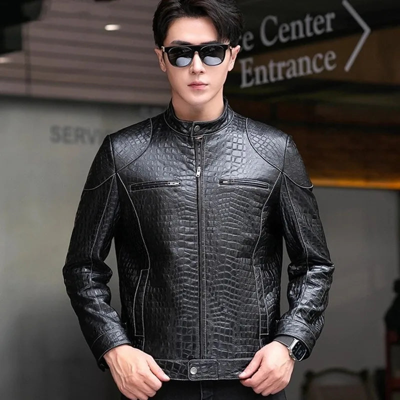 Males Luxury Natural Sheepskin Crocodile Pattern Jacket Stand Collar Slim Fit Straight Autumn Genuine Leather Motorcycle Jackets