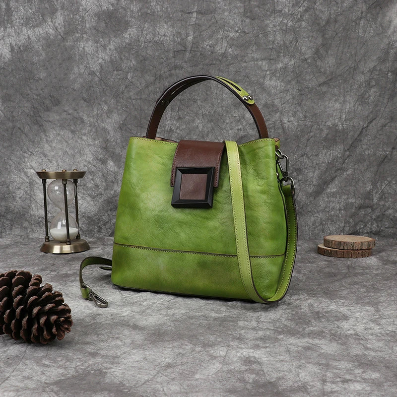 MOTAORA Women's Vintage Bucket Bag Genuine Top-Grain Leather Handmade Purse Luxury Designer Casual Office Travel Shoulder Bag