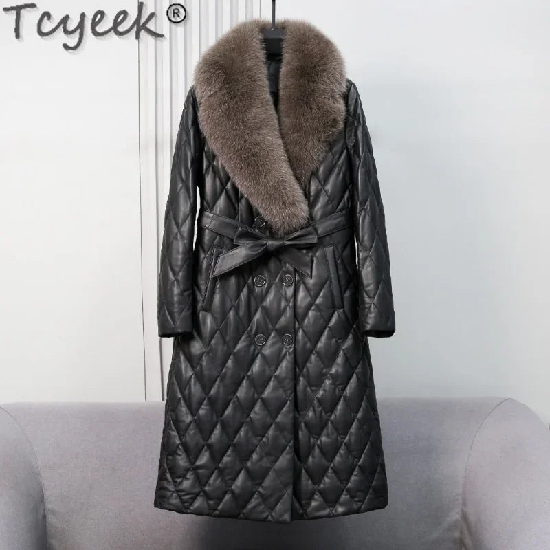 Tcyeek Winter Natural Fox Fur Collar Coat Mid-long Slim Sheepskin Coats Women Clothes Real Leather Down Jacket Lady Veste Femme