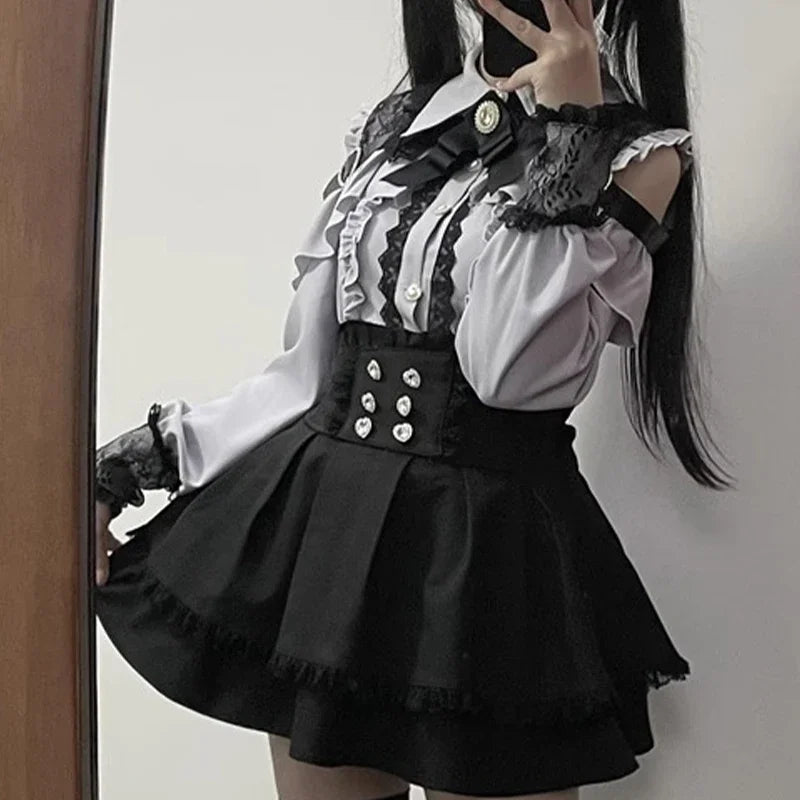 Kawaii Off Shoulder Long Sleeve Shirts Women Black Short Skirt Set Y2K Gothic Ruffle Skirts Lace Lolita Shirt Gown Suit 
