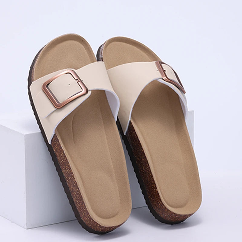 Crestar Women's Summer Cork Slippers 2025 New Outdoor Beach Flip Flops Fashion Leather Orthopedic Sandals With Adjustable Buckle