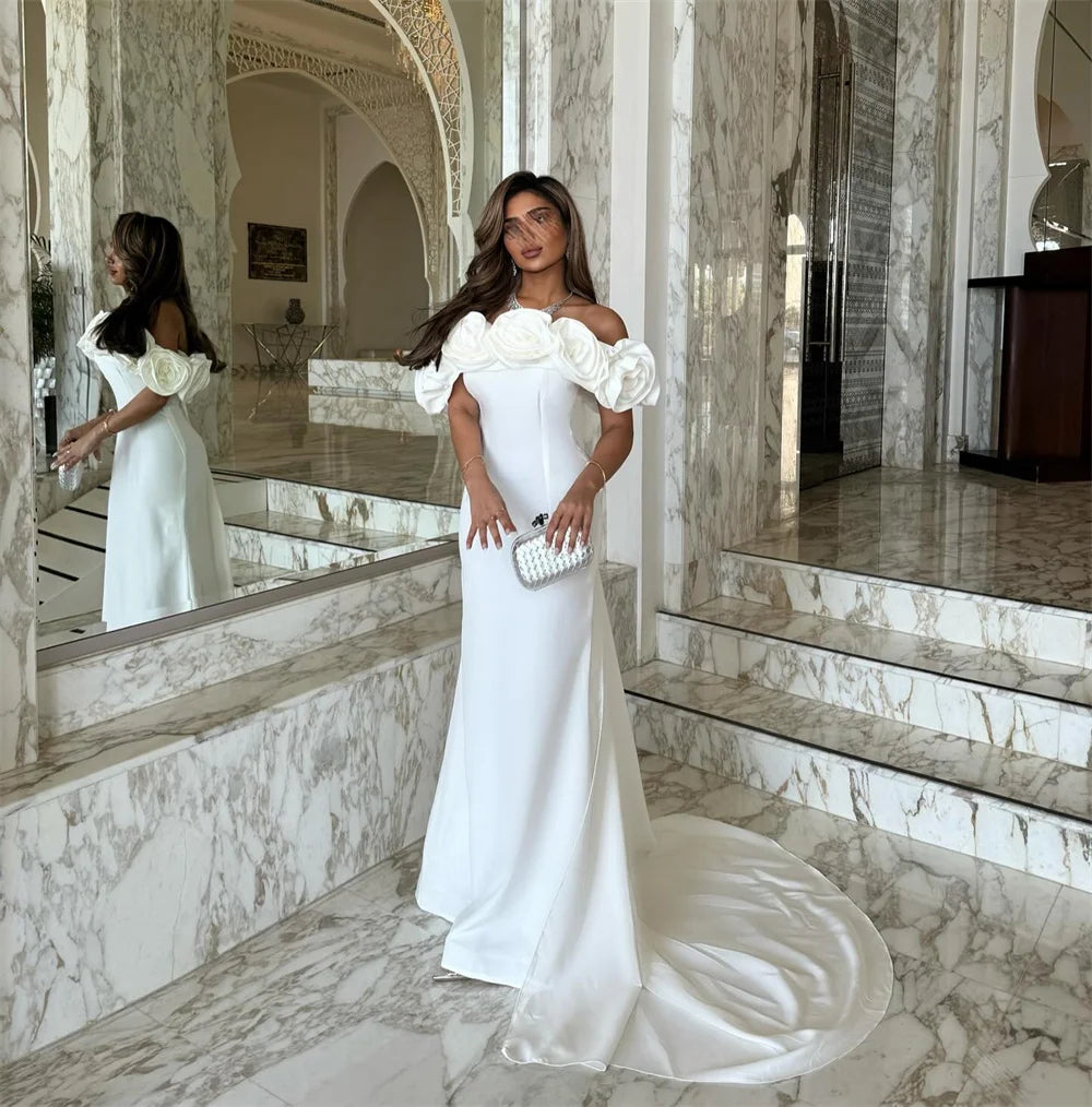 Mila Off Shoulder Customized White Evening Dresses Mermaid 3D Flower Prom Dress 2025 Court Zip Train Wedding Party Formal Gowns