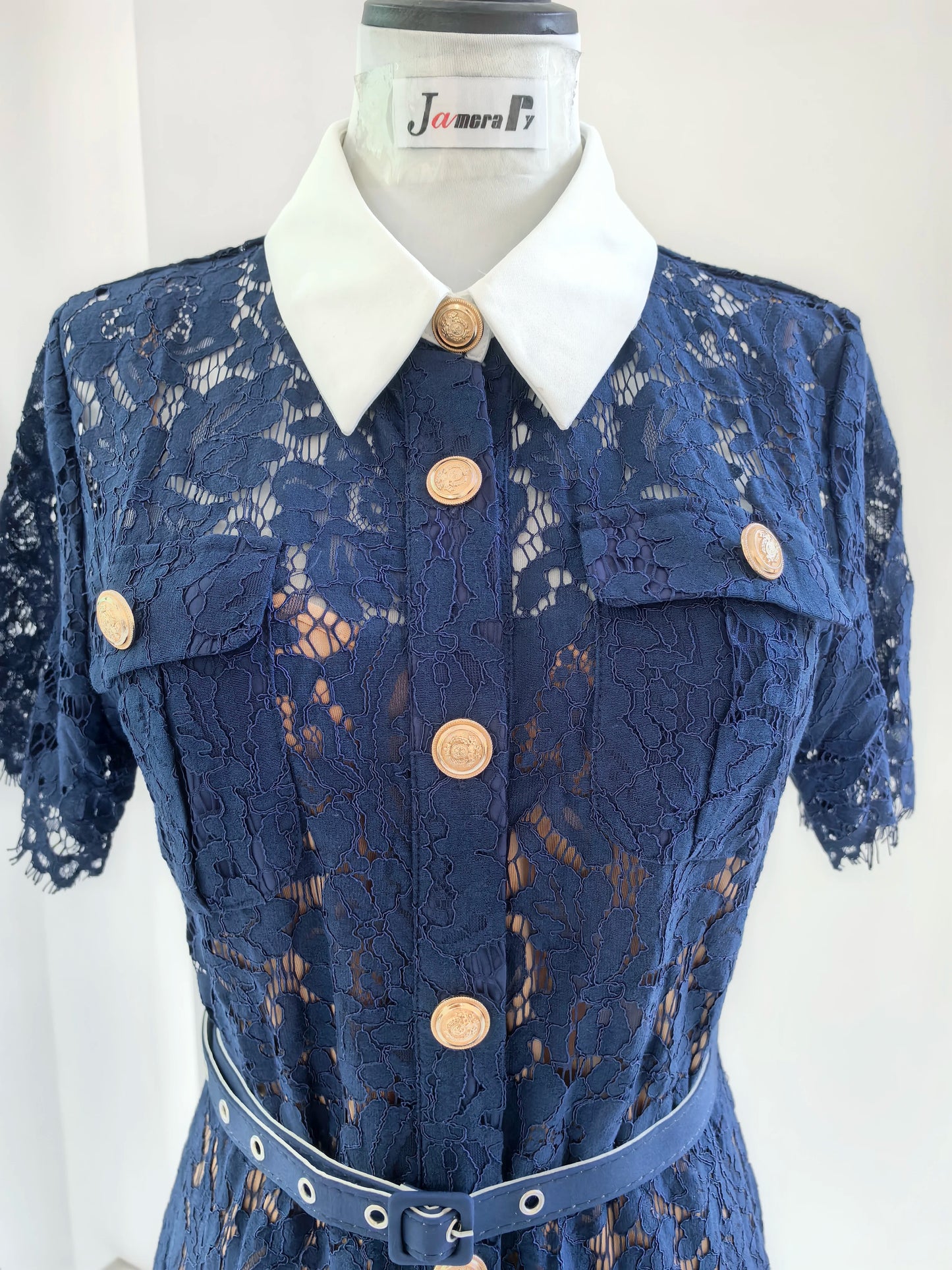 Formal Luxury Evening Long Dress Women Summer Autumn White Peter Pan Collar Hollow Out Blue Pencil Embroidery Lace Dress Party