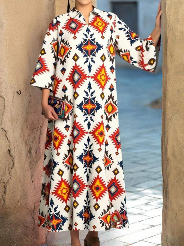 Rafiah Women's Summer Arabian Dress Fashion Full Print Long Sleeve V-Neck Vacation Long Dresses Evening Dresses 2025