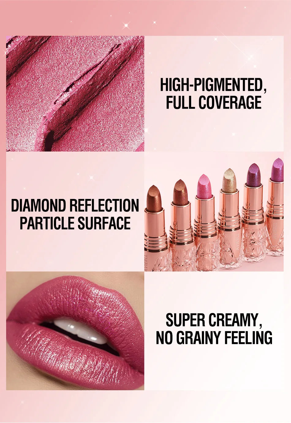 6 Colors 3 in 1 Pearlescent Sparkling Lipstick Matte Glitter Waterproof Long Lasting Pearl Shine Lip Gloss Shimmer Sexy Makeup