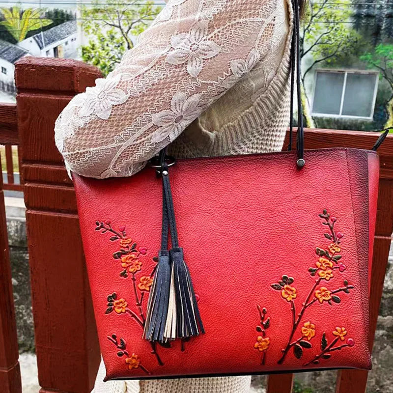 Vintage 3D Floral Embroidery Designer Bag Large Capacity Women's Tote Bag Premium Cowhide Leather Luxury Handbags for Women 2025