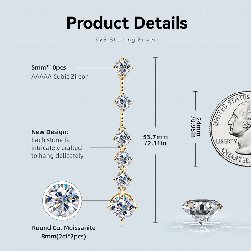 IOGOU 8MM D2.00CT Moissanite Diamond Long Drop Earrings With 5mm Zircon Real 925 Silver Jewelry Engagement Accessories for Women