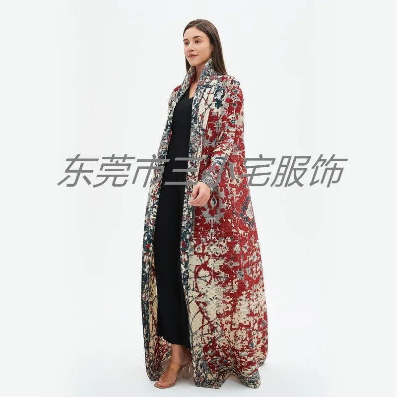 KAF Pleated Women Loose Plus Size Trench Coat 2024 Autumn New Vintage Printed Cardigan Design Arab Female Luxury Abaya