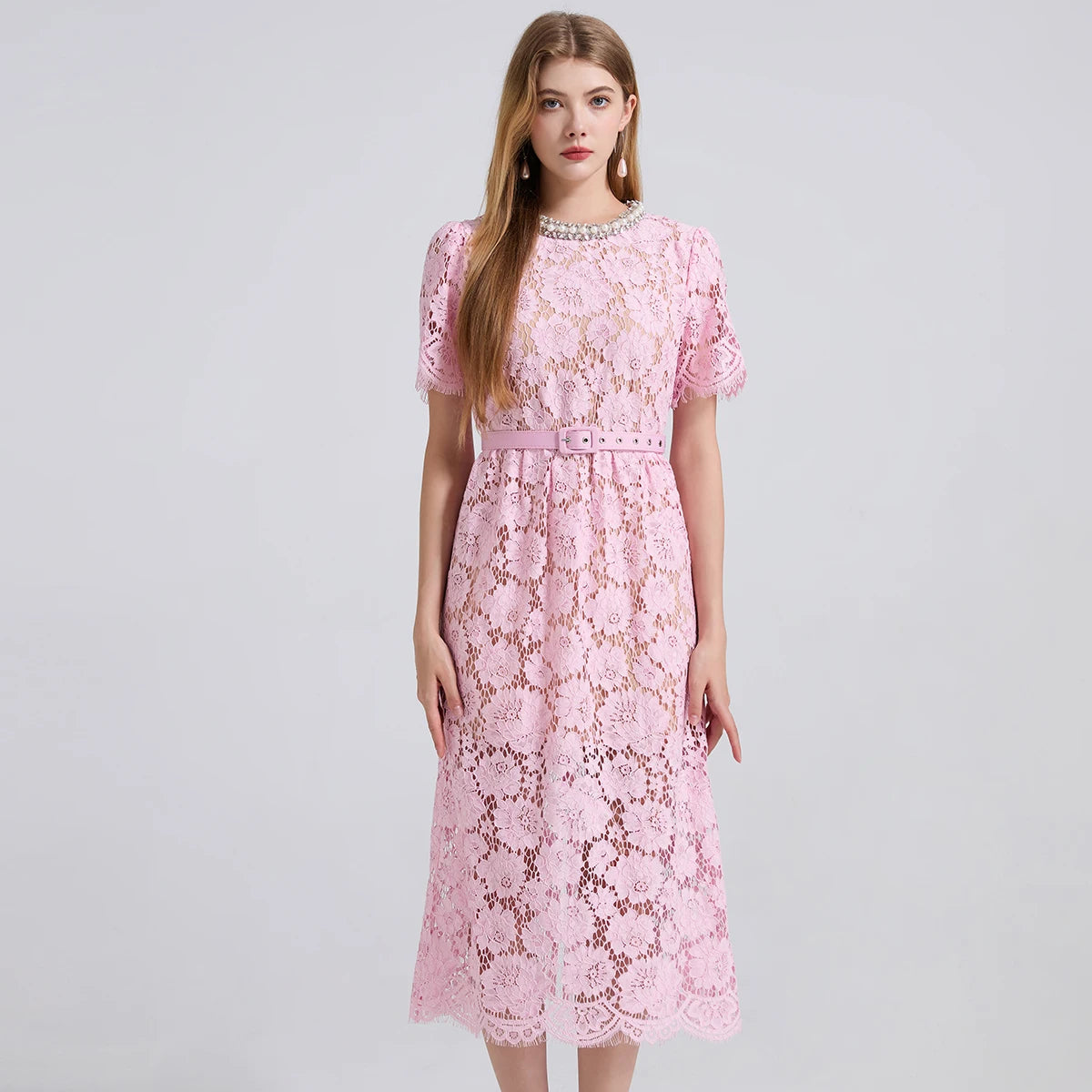 Luxury Eyelash Lace Mid-Calf Party Dress – Women’s Summer Short Sleeve A-Line with Crystal Beading, Hollow-Out Design – Pink Bridesmaid & Prom Gown
