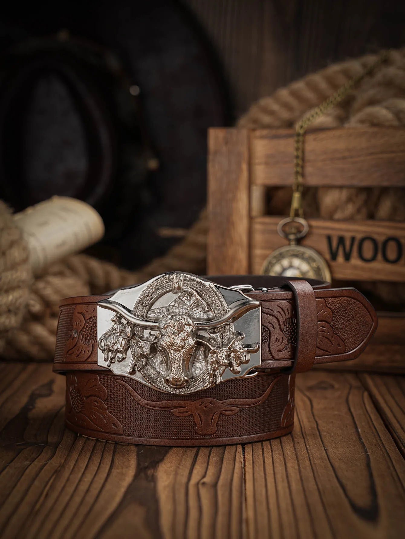 Western Cowboy PU Leather Belt - Men Waist Strap Bull Decoration Floral Engraved for Jeans