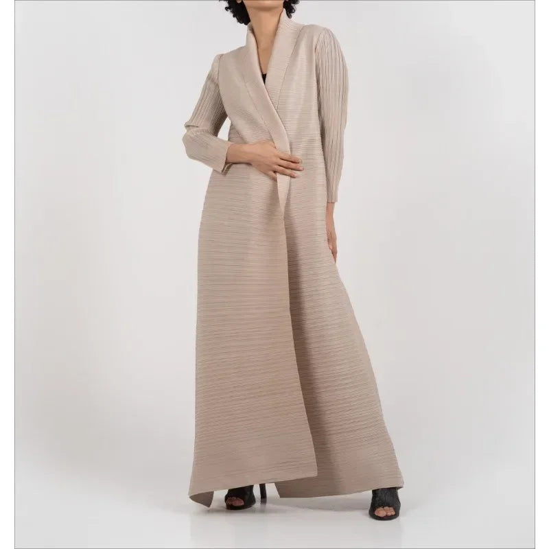 KAF Pleated Women Trench Coat Vintage Printed Cardigan Design Loose Plus Size Women Long Dress Dubai Female Luxury Abaya 2024