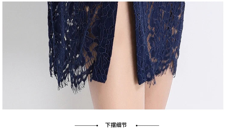 Formal Luxury Evening Long Dress Women Summer Autumn White Peter Pan Collar Hollow Out Blue Pencil Embroidery Lace Dress Party