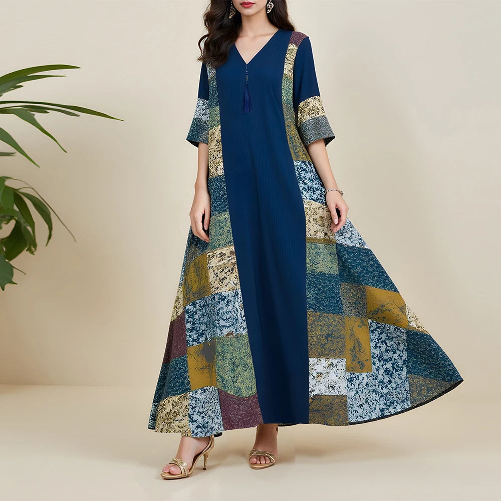 Rafiah Summer Long Arabian Dress 2025 Chic Daily Patchwork Short Sleeve V-Neck Midi Loose Fit A-Line Shift Dresses