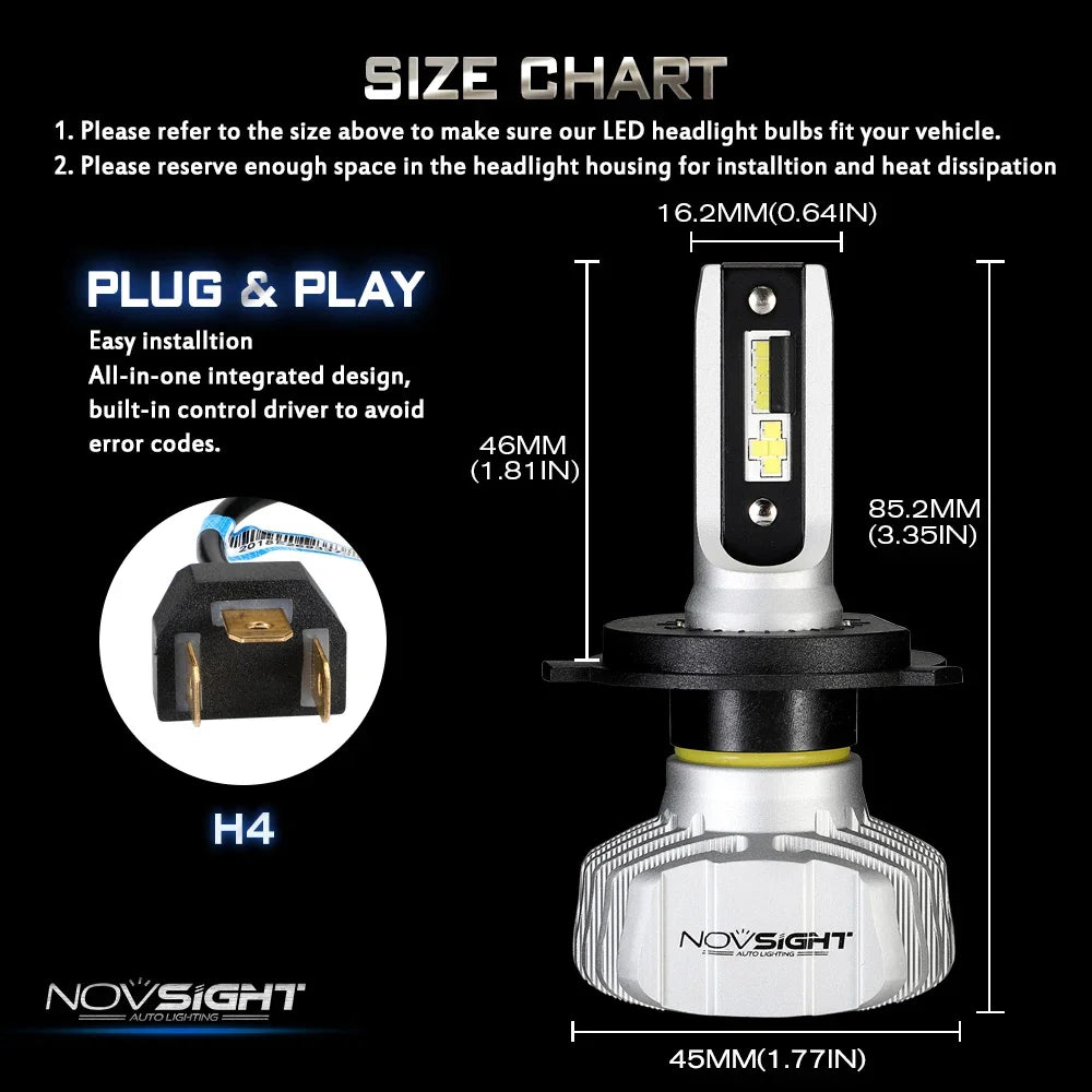 NOVSIGHT Car Headlight H4 Hi/Lo Beam LED H7 H1 H8 H9 H11 9005 9006 50W 10000lm 6500K Auto Headlamp Fog Light Bulbs
