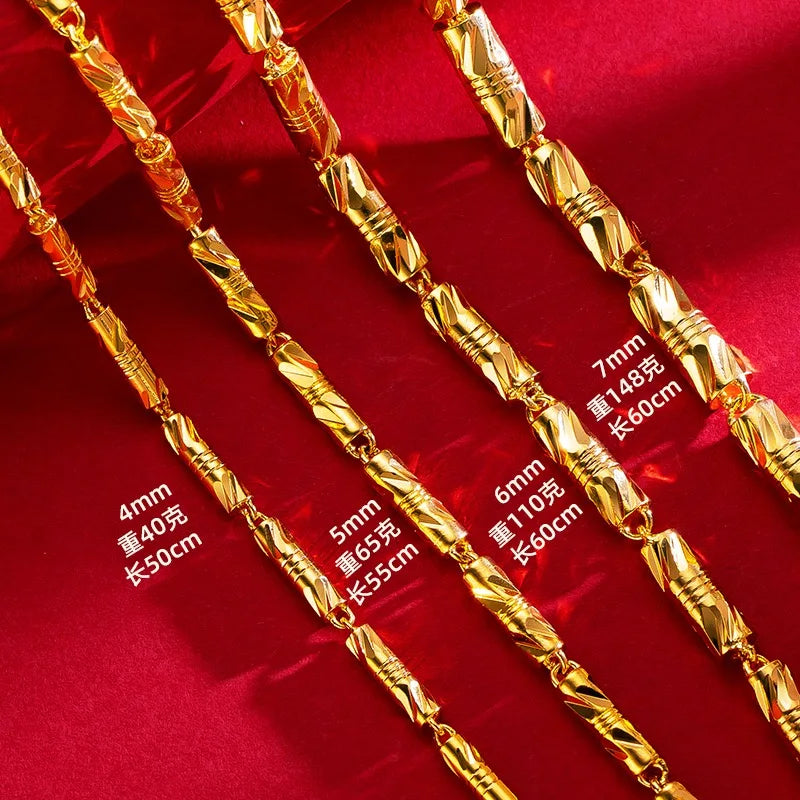 9999 24K real gold cylindrical double bamboo necklace real gold men's and women's solid color bamboo necklace gold jewelry