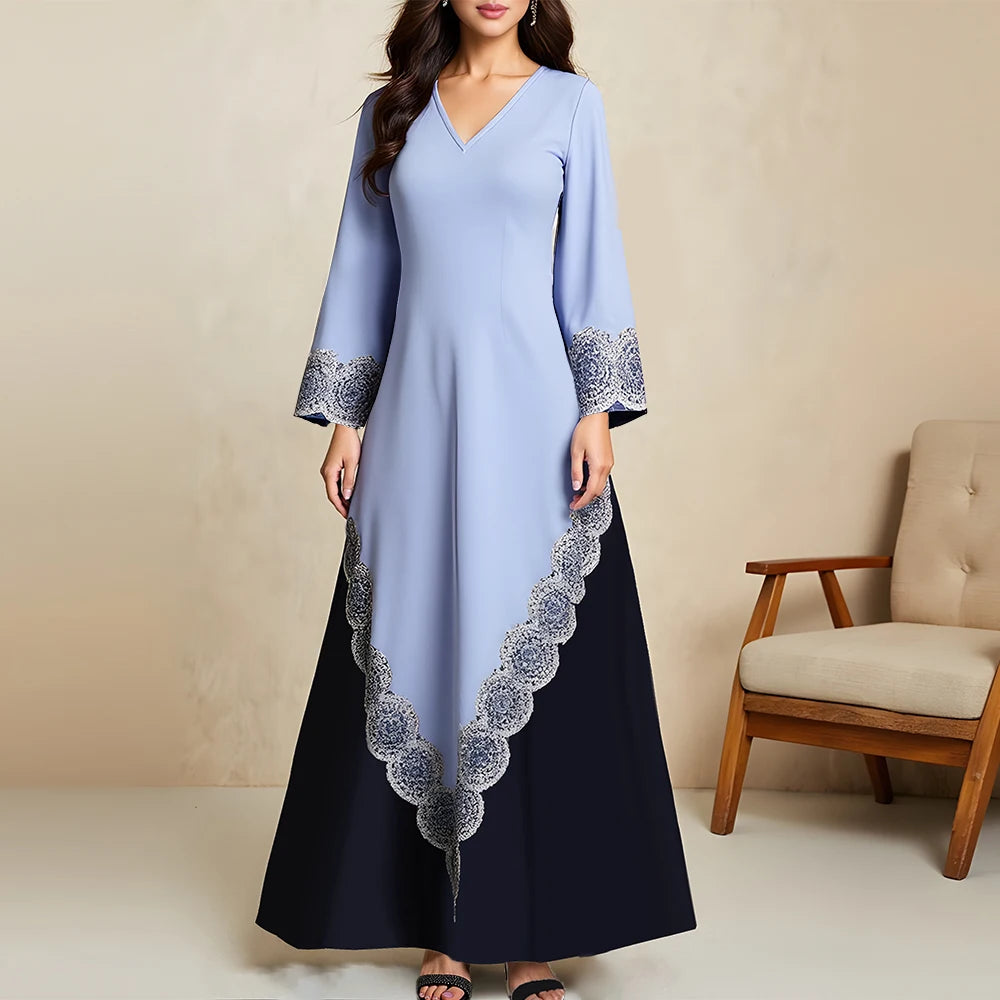 Rafiah Summer Dresses 2025 Women's Elegant Patchwork Long Flare Sleeve V-Neck Midi A-Line Basics Arabian Dress