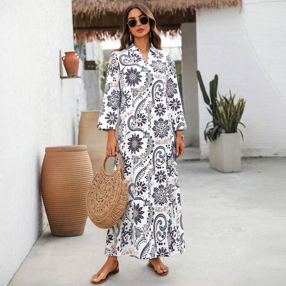 Rafiah Women's Dresses Summer Elegant 2025 Floral Muslim Long Sleeve Shirt Collar A-Line Midi Vacation Long Dresses