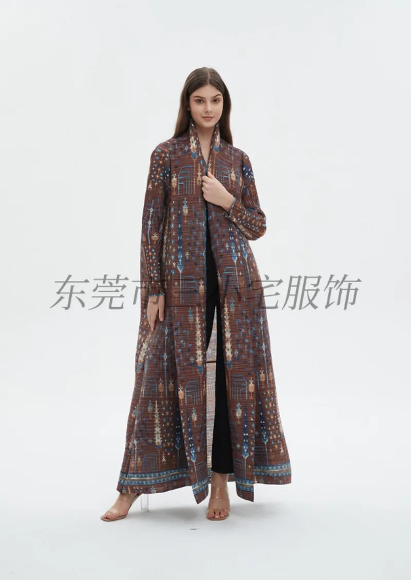KAF Pleated Women Large Size Trench Coat 2024 Spring and Autumn New Vintage Printed Design Female Robe Arab Luxury Abaya