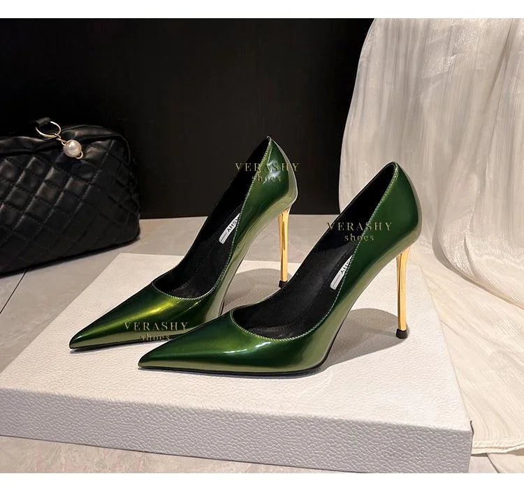 Green Shoes Quality Woman Pumps Patent Leather High Heels Sexy Party Shoes Metal Stilettos Luxury Wine red High-heeled Shoes