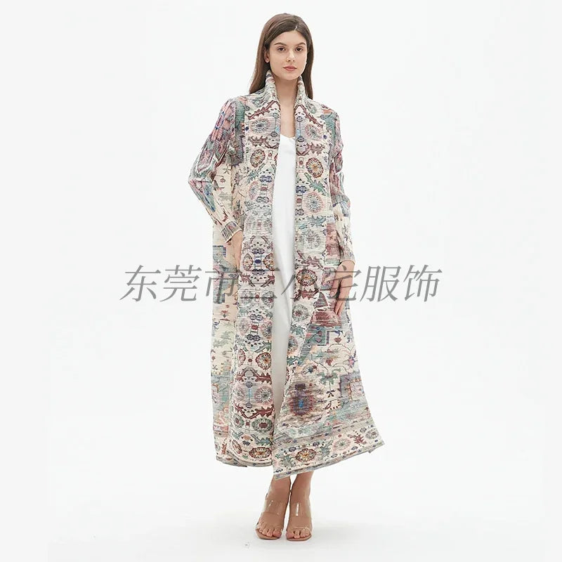KAF Pleated Large Size Women Trench Coat 2024 Spring and Autumn New Vintage Printed Design Luxury Female Coat Arabian Abaya