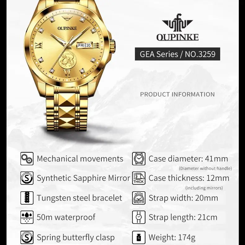 Swiss Certification OUPINKE Automatic Watch for Men Real Gold Real Diamond Sapphire Mirror Tungsten Steel Top Brand Wristwatch