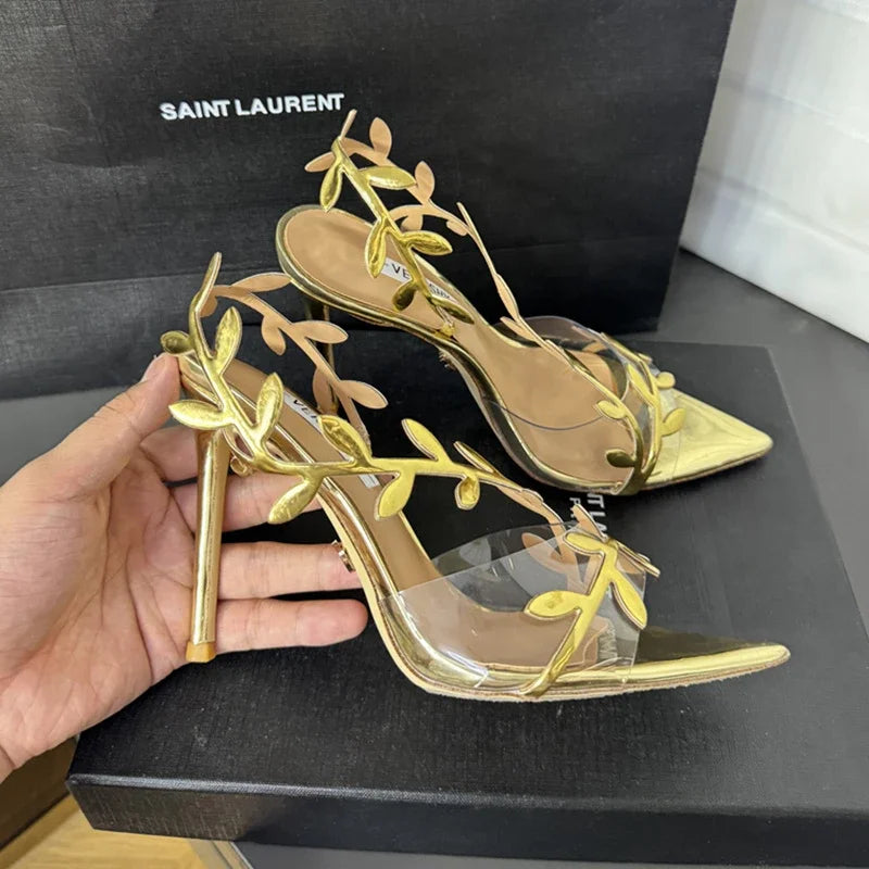 Gold High Heels Women 2025 Summer New Metal Patent Leather Leaf Thin Heel Pointed Open Toe Purple Sandals