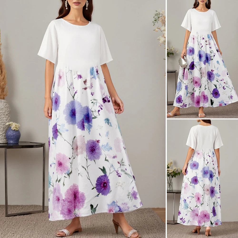 Rafiah Summer Arabian Dress 2025 Women's Decent Flower Print Short Sleeve Round-Neck A-Line Daily Basic Midi Dress