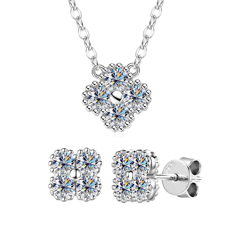 18k Gold Plated 925 Silver 3mm Moissanite Necklace Earrings Bracelet Sets 3 In 1 Clover Flower Charm Jewelry Set for Women Gift