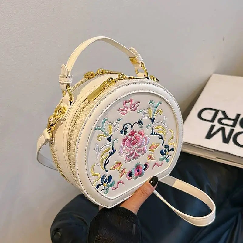 MOTAORA Small Round Women's Shoulder Bag Handmade Leather Embroidered Floral Purse for Teenage Girls Crossbody Bags