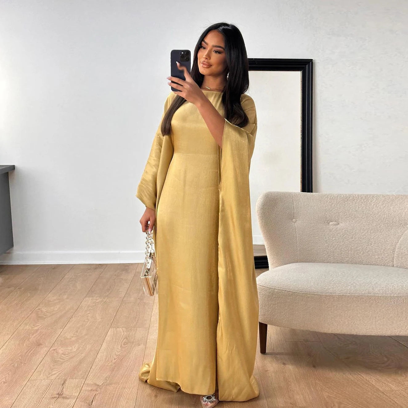 Batwing Butterfly Sleeve Satin Dress Abaya Dubai Muslim Maxi Dress Kaftan Abayas for Women Kebaya Caftan Robe Femme Vestidos