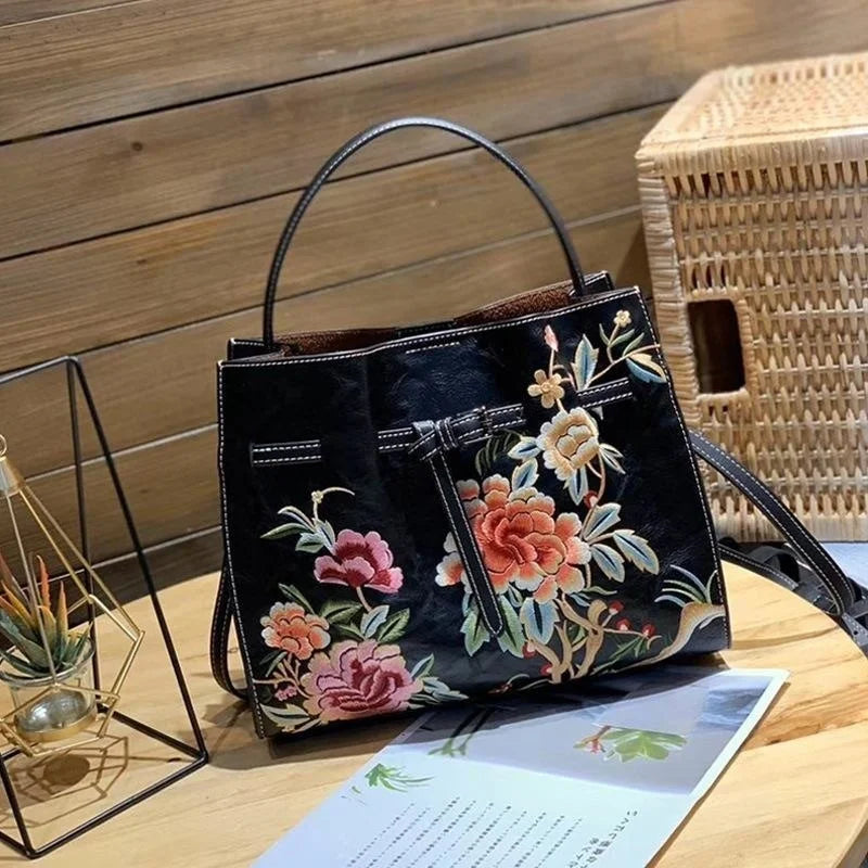MOTAORA Vintage Chinese Embroidery Leather Shoulder Bag Women Large Capacity Crossbody Bucket Bag Ladies Fashion Handbag NEW
