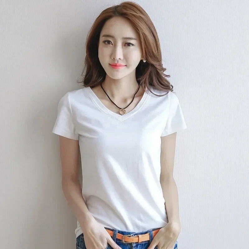 Women Short Sleeves T-shirt Bottoming Shirt Round Neck or V Neck Shirt Black White Solid Color Top Homewear T-shirt