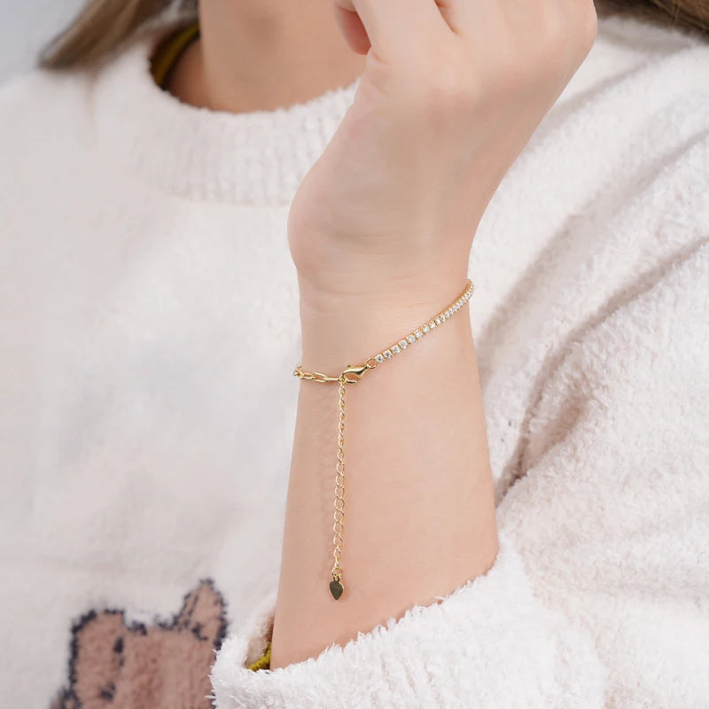 Lnngy 2mm Moissanite Bracelet Korean Ins 925 Sterling Silver Paper Clip Chain Adjustable Bracelets For Women Simple Hand Jewerly