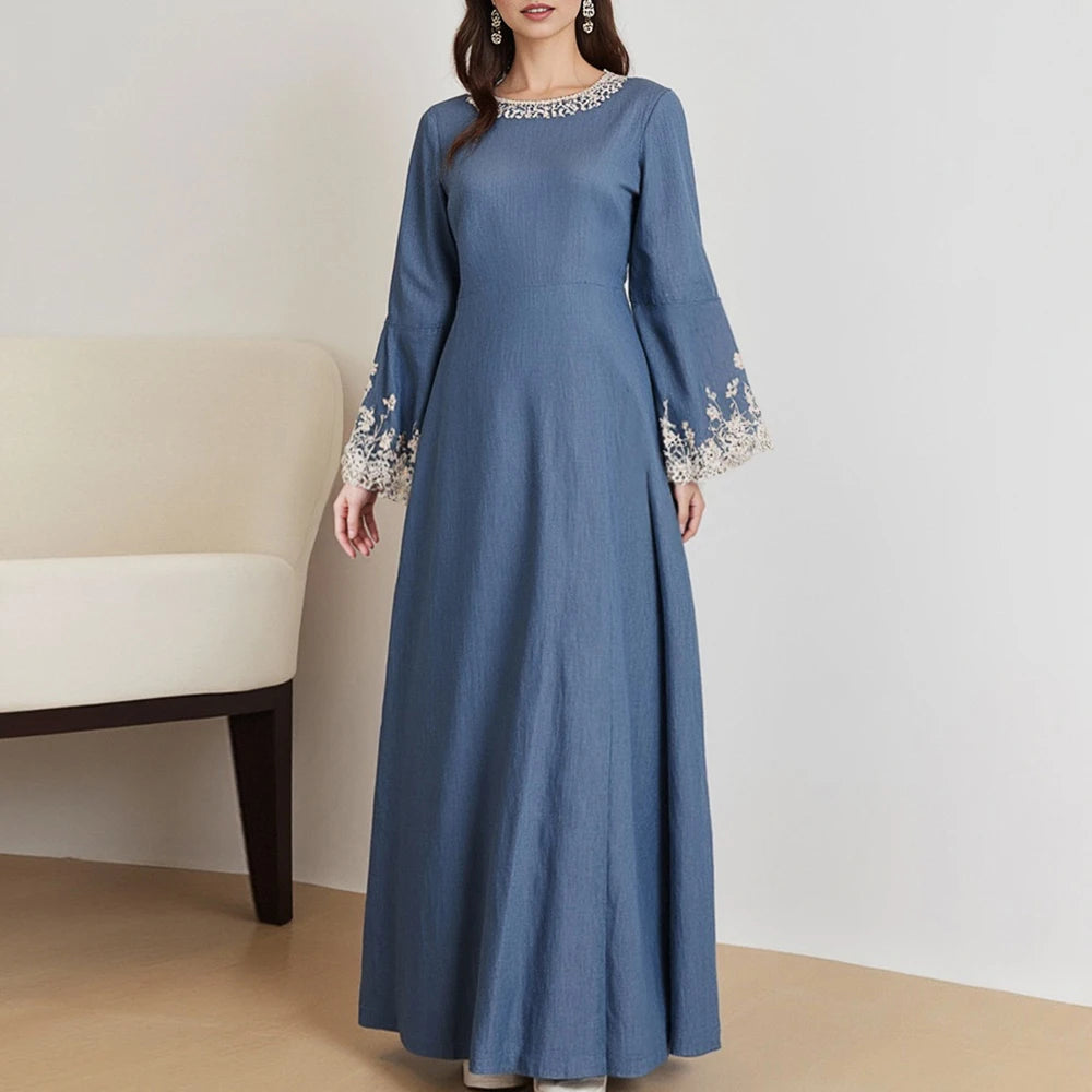 Rafiah Women's Solid Color
Dresses Summer Elegant Decent 2025 Long Sleeve Round-Neck Midi A Line Casual Long Dress