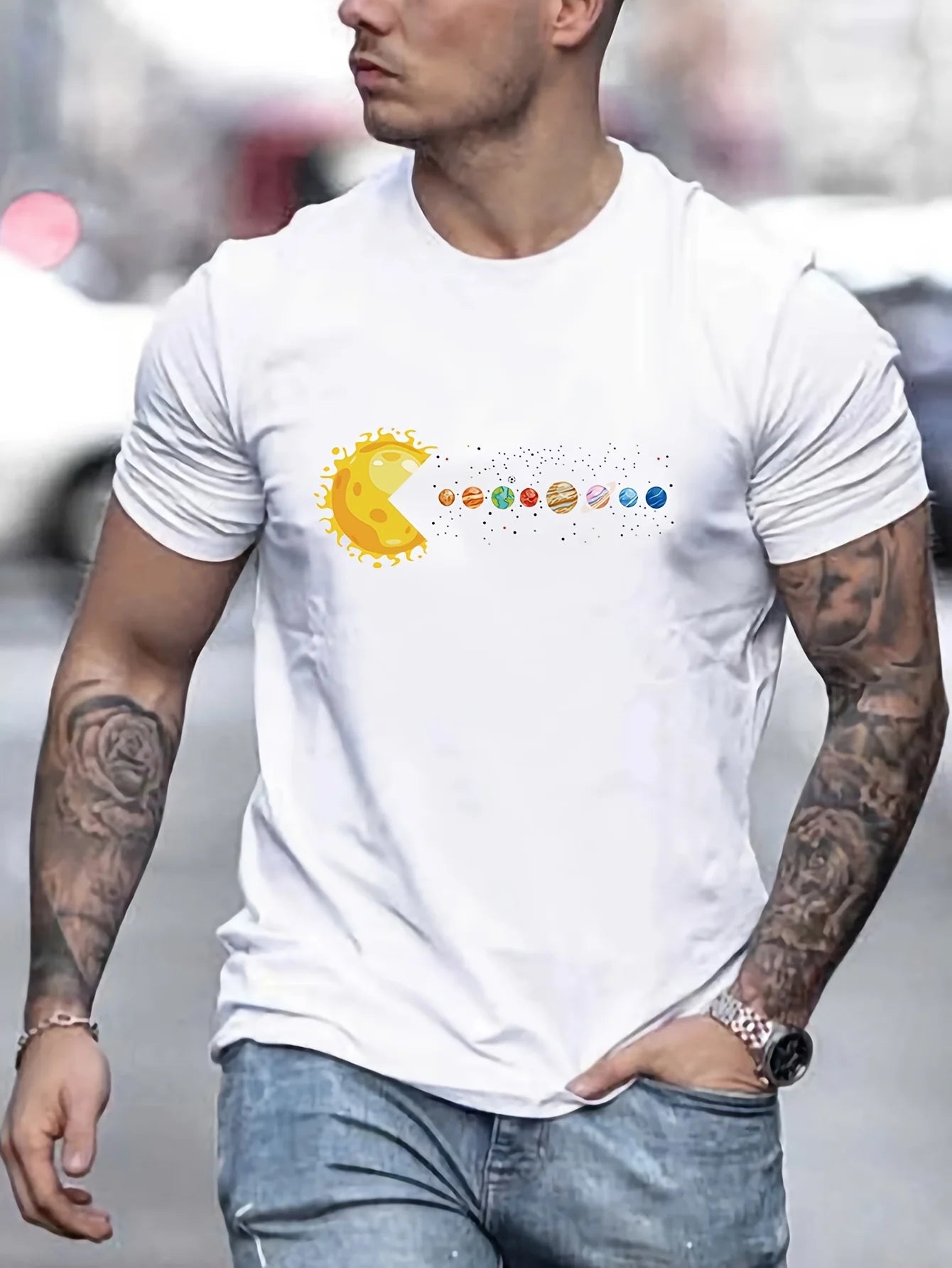 Men's 100% pure cotton summer loose and comfortable casual pac man style sun planets 🪐 eaten printed round neck short sleeved T-shirt top