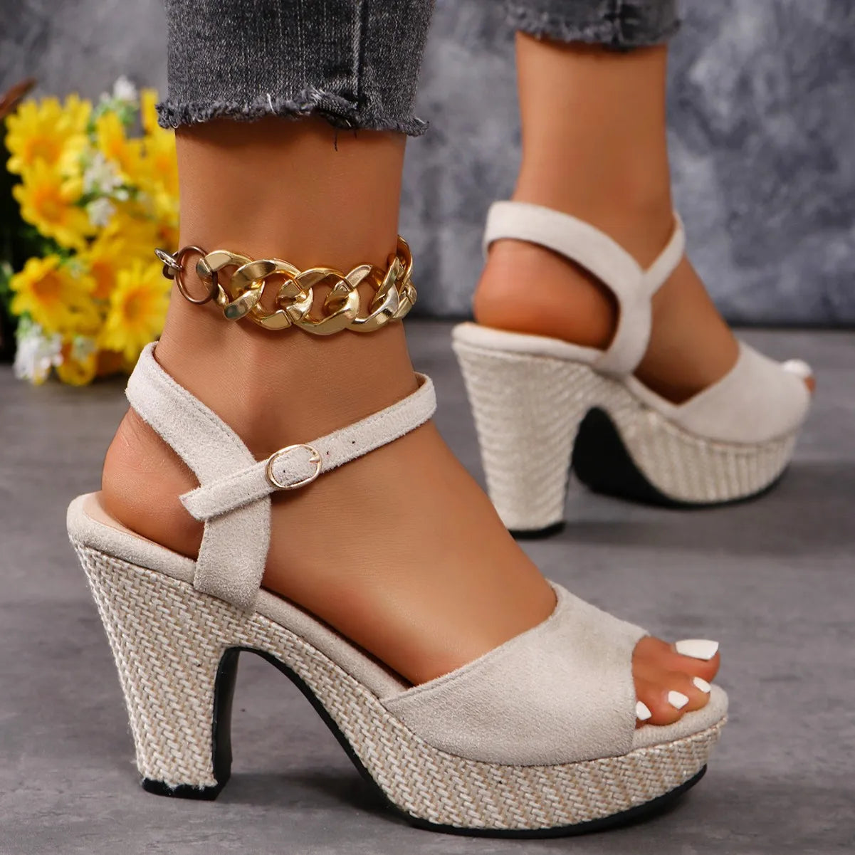 Women Large Size Buckle Strap High Heel Sandals Open Toe Beige Luxury 2025 Casual Shoes
